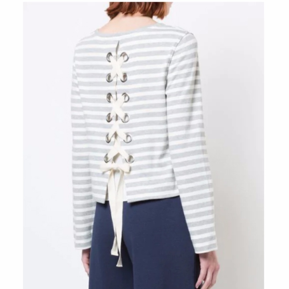 KINLY XS Gray & White Lace Back Striped Sweatshirt